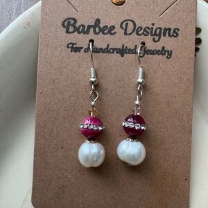 Pink Tigers Eye and White Cultured Pearl Earrings